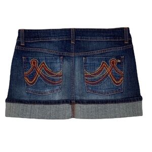 DKNY Denim Mini Skirt Embroidered Back Pockets Size 11 JR